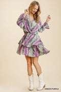 Umgee Tie Dye Mini Dress Purple Green Ruffled Layered with Elastic Waistband GREEN PURPLE acc72c7f-fca5-48ab-bddb-2a2aeeb462cc-Max-Origin Trendsi