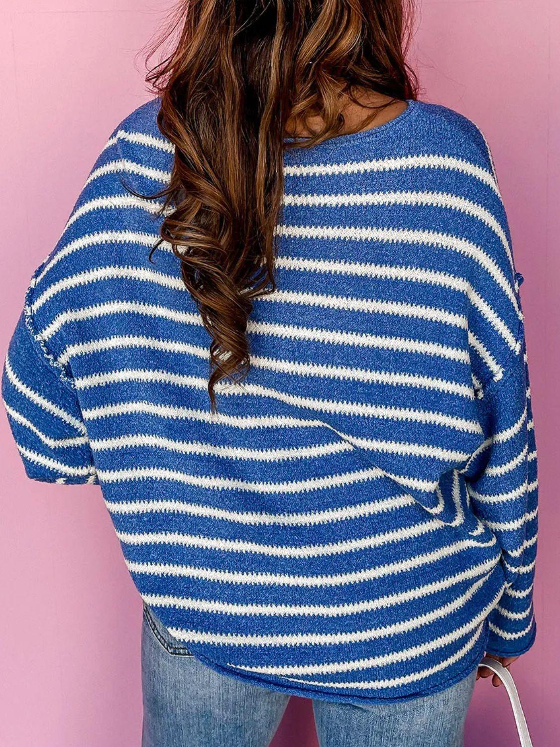 Striped Sweater Blue Oversized Round Neck Dropped Shoulder acd5133b-03cf-4978-b78c-73cb81118428-Max Trendsi
