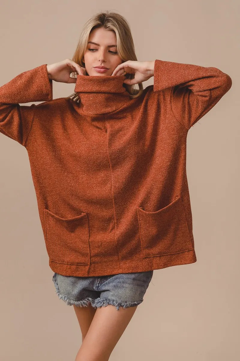 BiBi Piper Rib Sweater Turtle Neck Rust Double Front Pockets Oversized Top acdbd05e2915474f837cefa42e4fe019-Max-Origin Trendsi