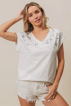 BiBi Cotton T-shirt Slub Jersey Rhinestone Flowers Beaded V Neck Top aceab31cd57f4064a6bce2912dfd21aa-Max-Origin Trendsi