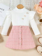 Children's Ruffle Sleeve Top and Tweed Skirt Two-Piece Set