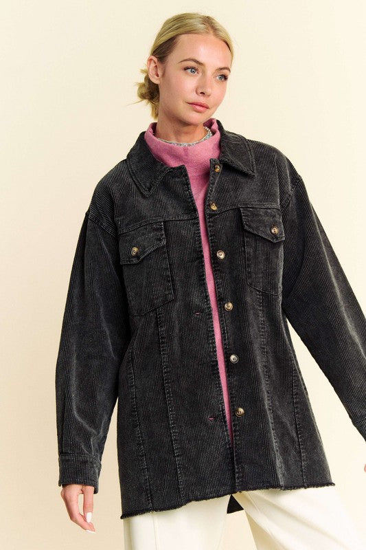 Davi & Dani Corduroy Jacket Black Washed Raw Hem Button Up Long Sleeve