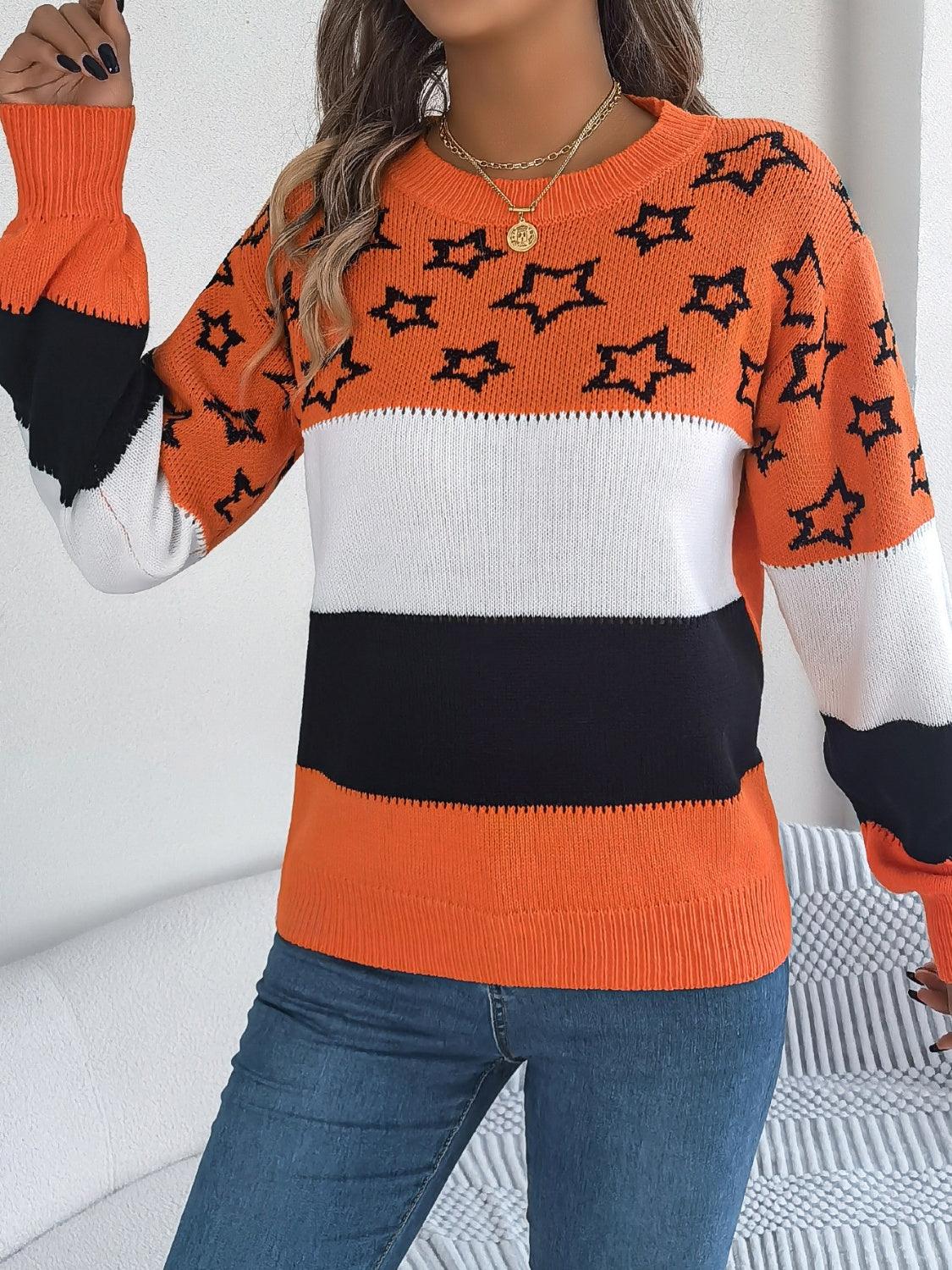 Sweater Star Contrast Round Neck Long Sleeve Knitwear ad018d6a-ab94-48ca-ad77-197b6fa2a39e-Max Trendsi