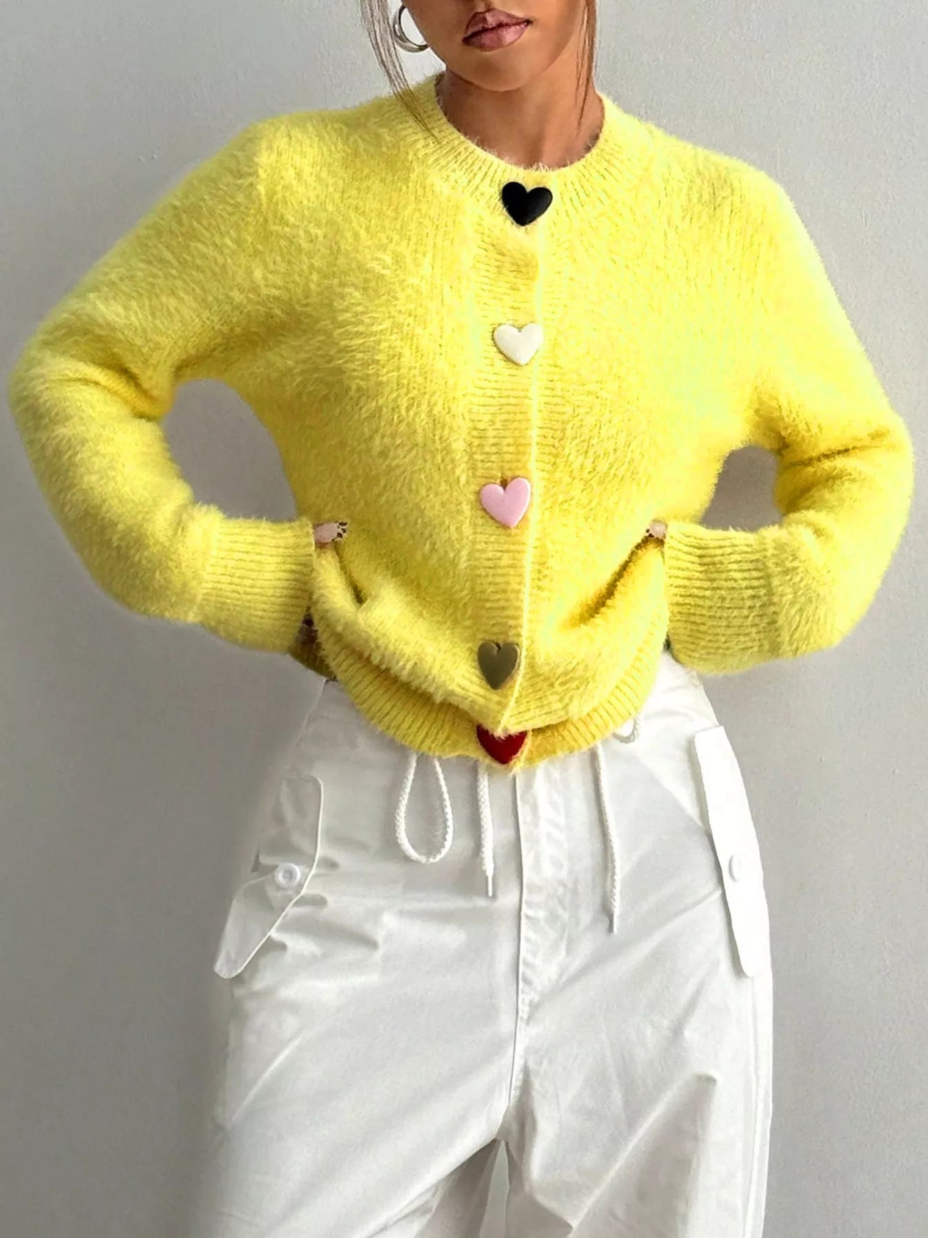 Women's Cardigan Yellow Soft Fuzzy Heart Button Long Sleeve Light Yellow ad08edb3-7c70-4382-a037-b37d16cf5da1-Max-Origin Trendsi