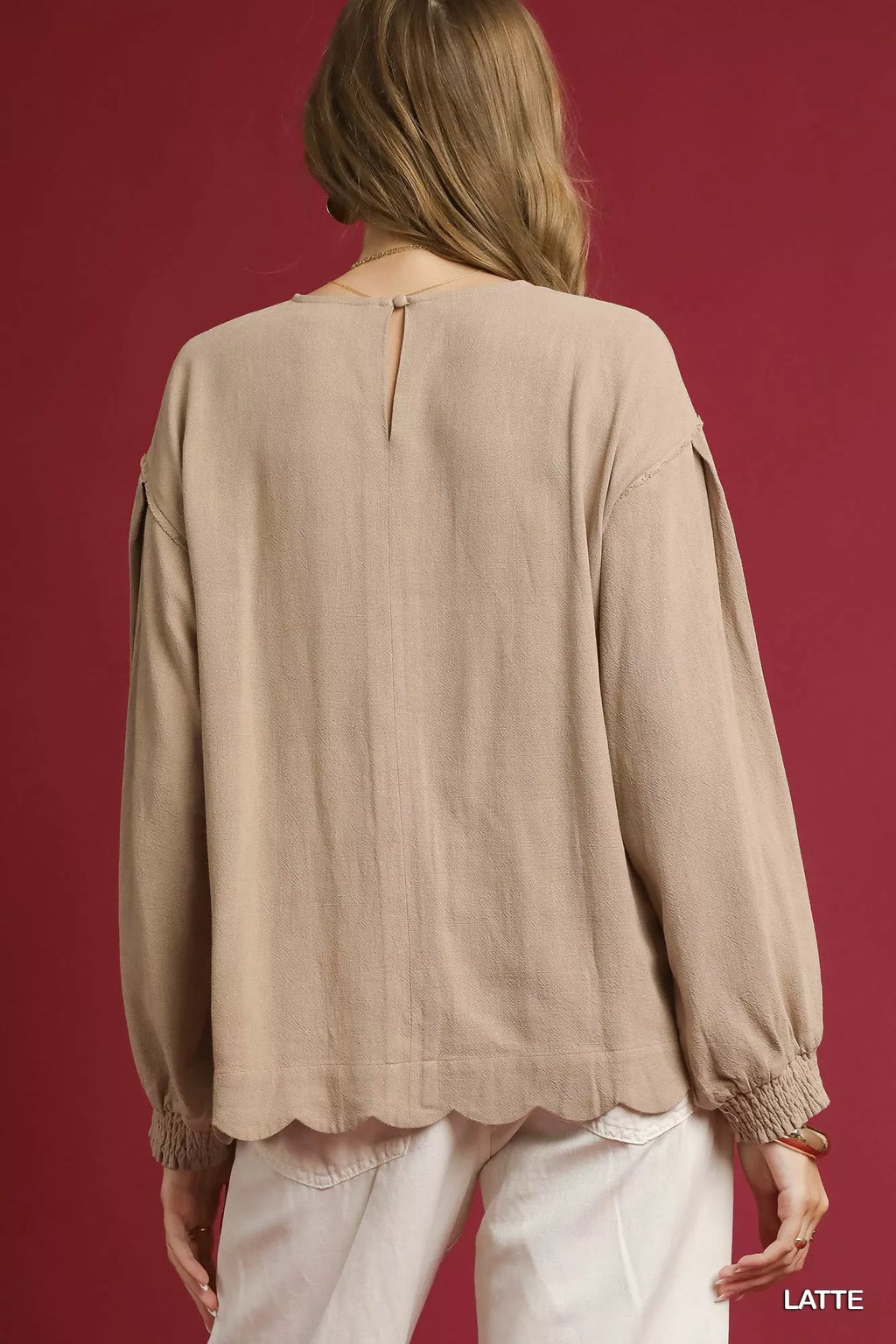 Umgee Linen Blousec Latte Brown Scallop Hem Long Sleeve Womens Top ad0bca10-6f45-4427-8a33-9b47aee52499-Max-Origin Trendsi