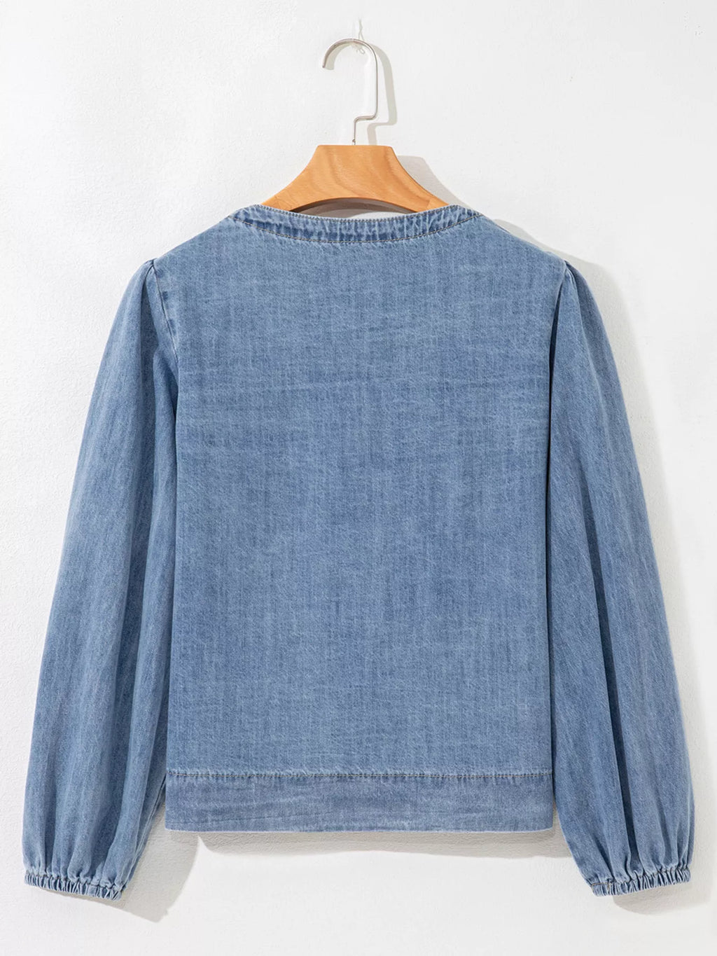 Women's Denim Top Tied Front Puff Long Sleeve Dusty Blue Blouse ad15ee04a44d4a3c93c3fa94fd61db1b-Max-Origin Trendsi