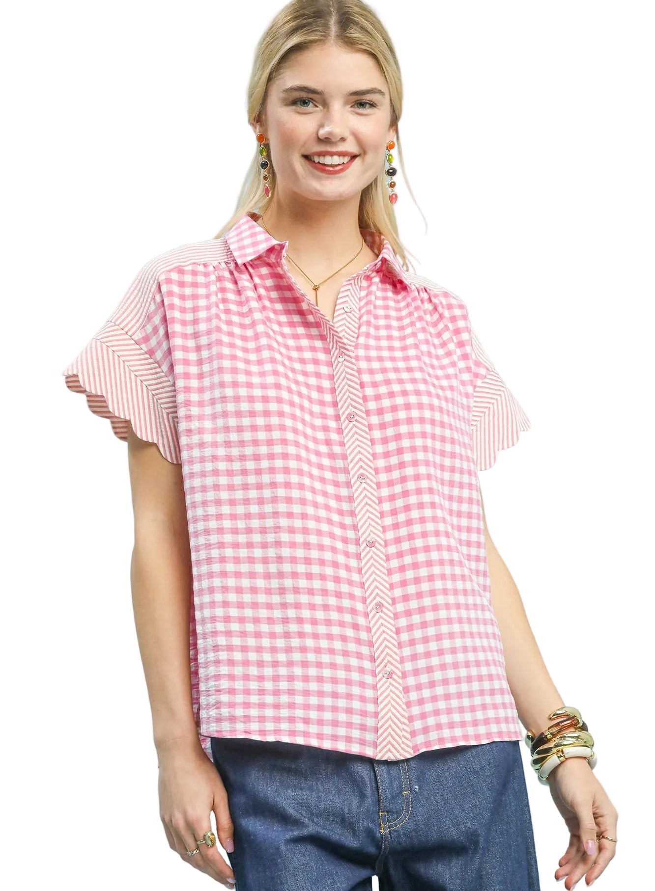 Umgee Mixed Gingham Short Sleeve Button-Up Shirt
