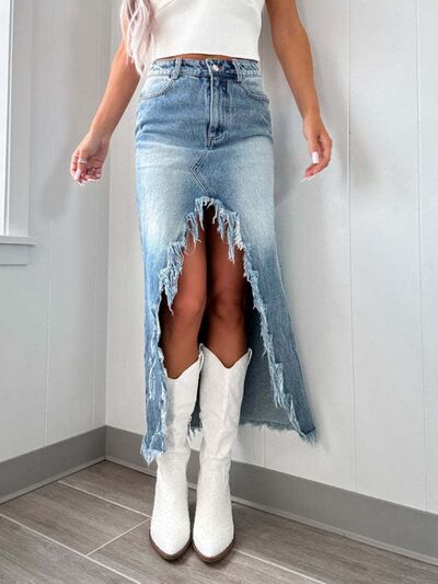 Asymmetry Denim Skirt Front Distressed Slit Raw Hem Midi High Waisted ad1a5ca6-6f2e-41c9-ad33-a55b20c5bd33-Min Trendsi