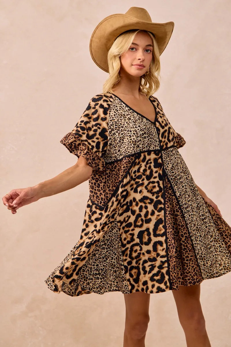 BiBi Leopard Dress Mix and Match Prints Short Sleeves Oversized V Neck ad2e3cc2e379490b9d2018f53c2f6f47-Max-Origin Trendsi