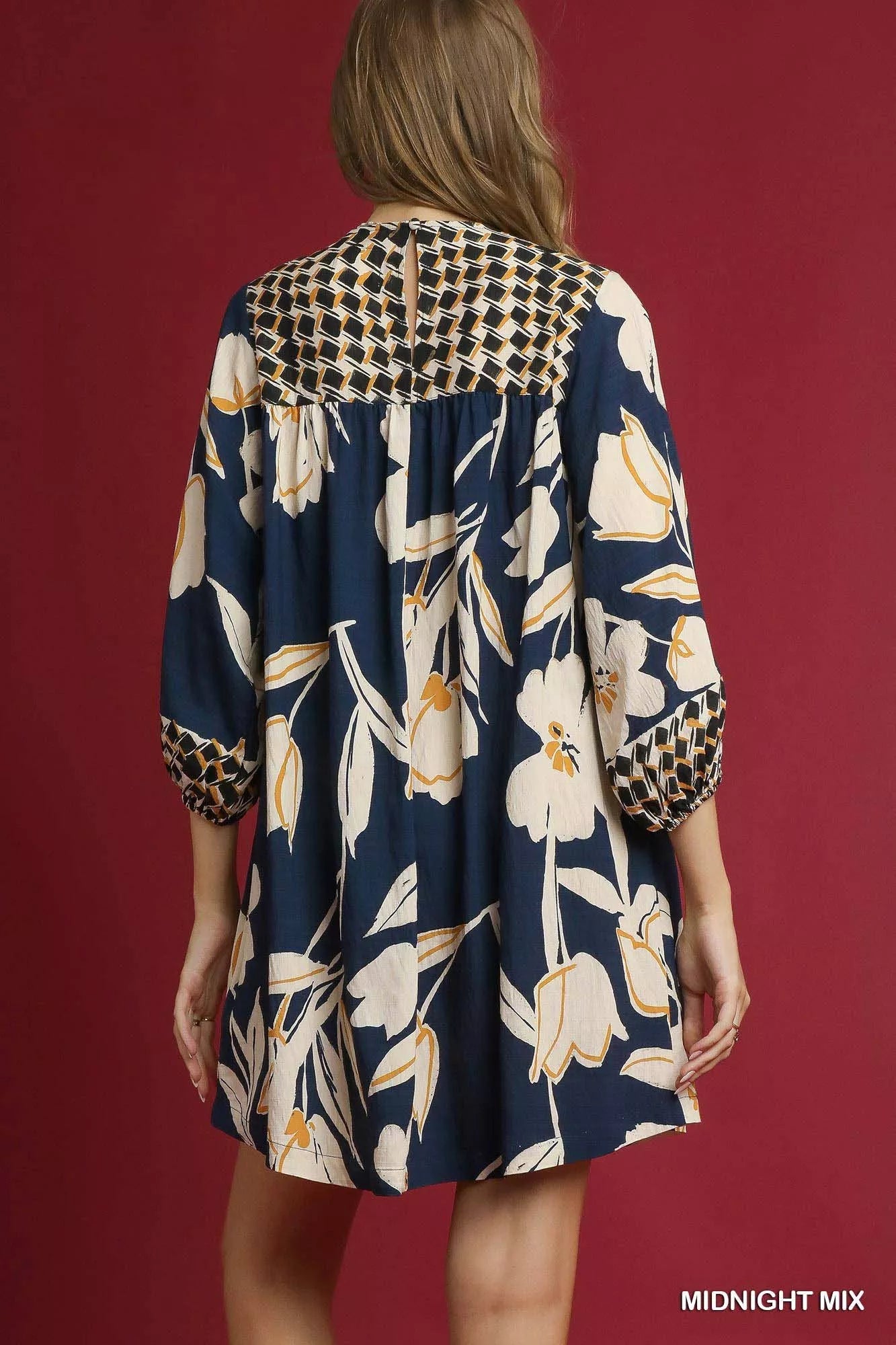 Umgee Babydoll Dress Navy Mix Floral High-Low 3/4 Sleeve ad2fca91-3457-4abd-80c1-0c3cf3b45496-Max-Origin Trendsi