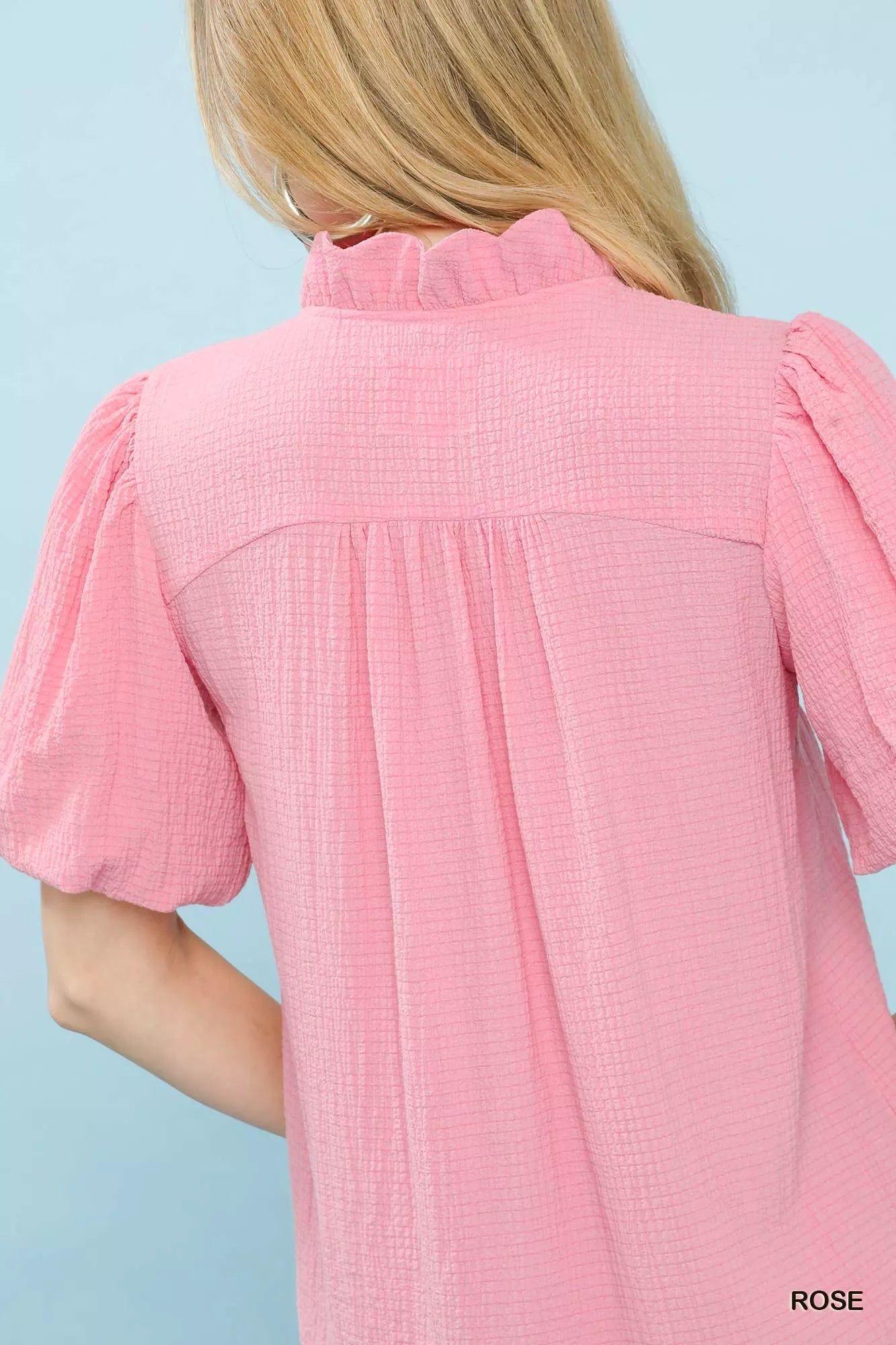 Umgee Blouse Rose Pink Seersucker Puff Short Sleeve Top ad3017d2-1971-4584-badf-3b05f3101c2d-Max-Origin Trendsi