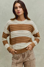 SO ME Women Sweater Openwork Textured Wide Stripe Cream Taupe Pullover CREAM TAUPE ad3eb2d2bf974ca9ad3bd830e6a5e8da-Max-Origin Trendsi