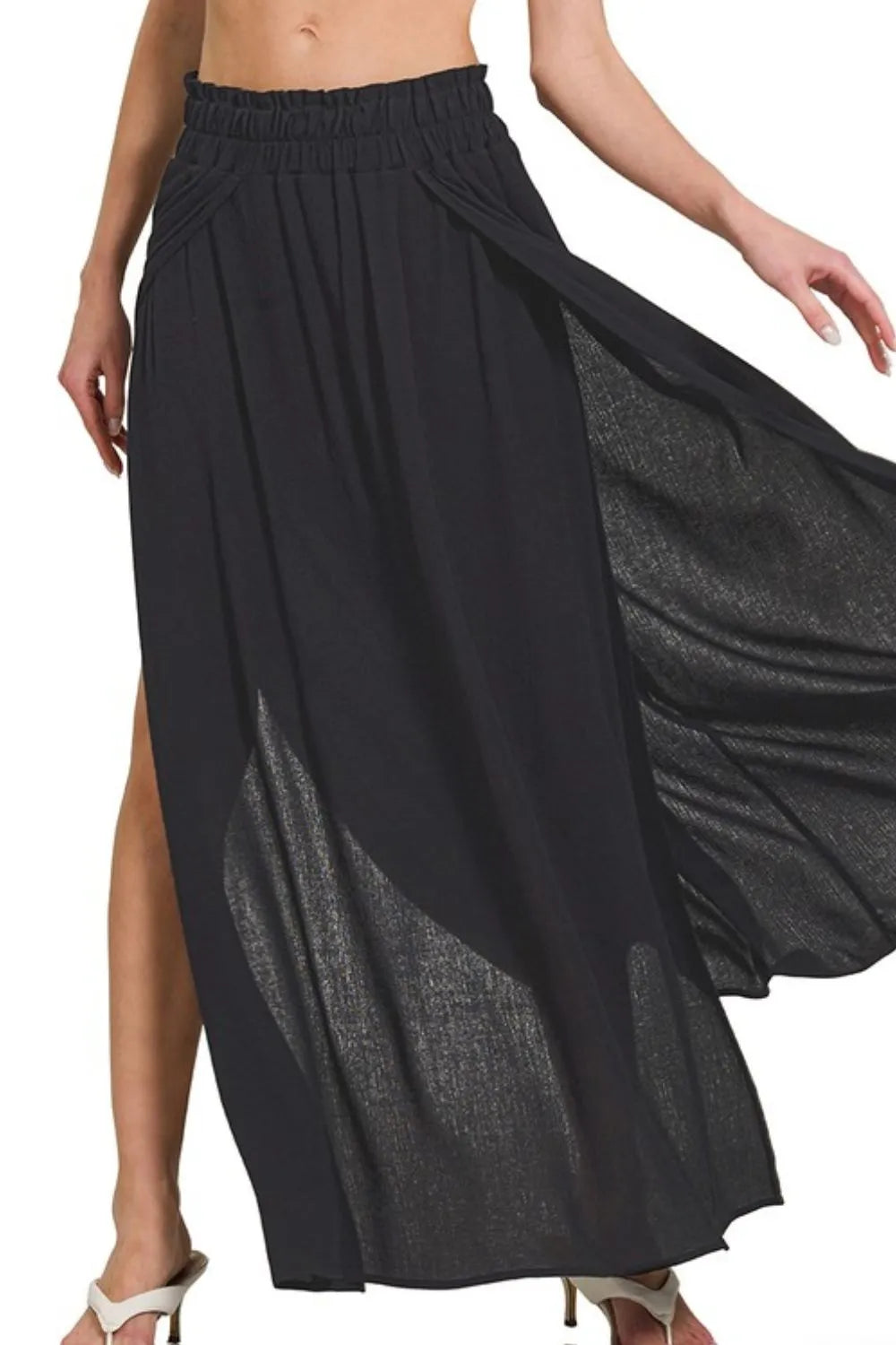 Zenana Long Skirts Black Woven Crinkle Gauze Split ad4231cf-ed5f-4110-81c5-7090fc88b70d-Max-Origin Trendsi
