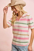 BiBi Multi Colors Stripes Collared Knit Top