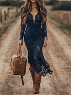 Lace Long Sleeve Midi Dress with Slight Stretch and Partial Lining, 100% Polyester
