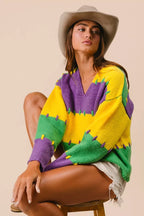BiBi Womens Sweater Mardi Gras Stripes Stitch Detail Knit Pullover ad6250545b9346e8af493ad7fb056ced-Max-Origin Trendsi