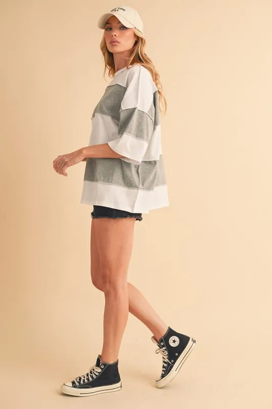 Aemi+Co Cotton T-Shirt Striped White Gray Color Block Short Sleeve Top