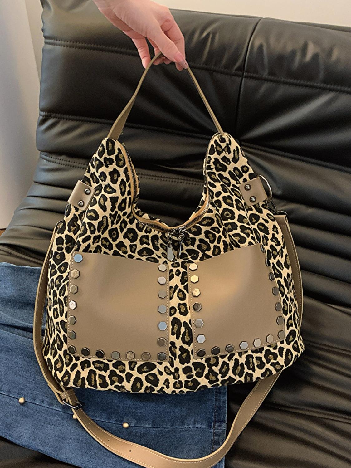 Leopard Polyester Large Shoulder Bag with Stud Beaded Leather Pockets