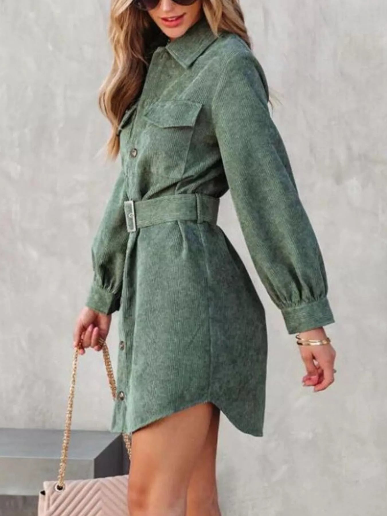 Corduroy Mini Shirt Dress Button Front Belt Long Sleeve ad66f7dd-5c7a-4f5b-b31a-1f112ec8776c-Max-Origin Trendsi