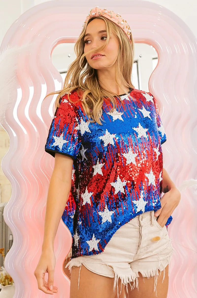BiBi Sequin Top American Theme Star Pattern Short Sleeve T-shirt ad7d71503cc04b0fbcd80ae23073626a-Max-Origin Trendsi