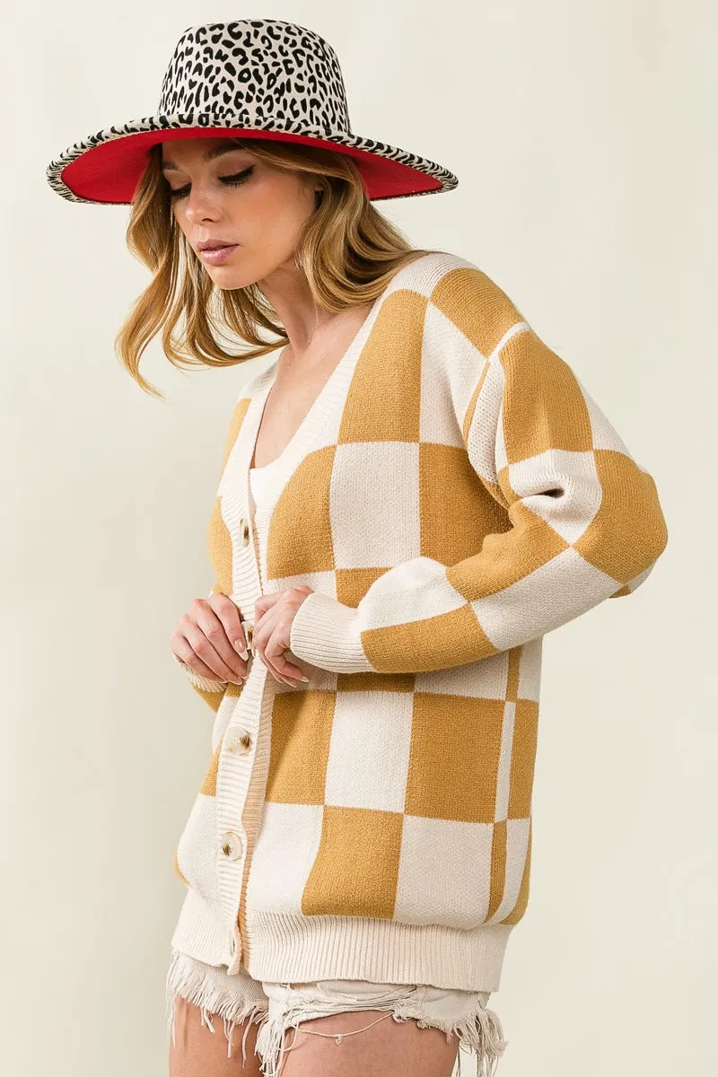 BiBi Cardigan Knit Ivory Camel Checked V-neck Long Sleeve Sweater ad80dca999714302934f6af916d8a18f-Max-Origin Trendsi
