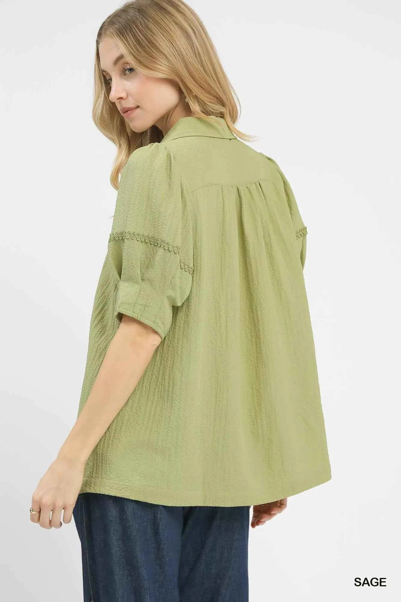 Umgee Blouse Sage Green Textured Puff Short Sleeve Top ad81c7fd-6a65-434e-ac6f-c37e9f8b0019-Max-Origin Trendsi