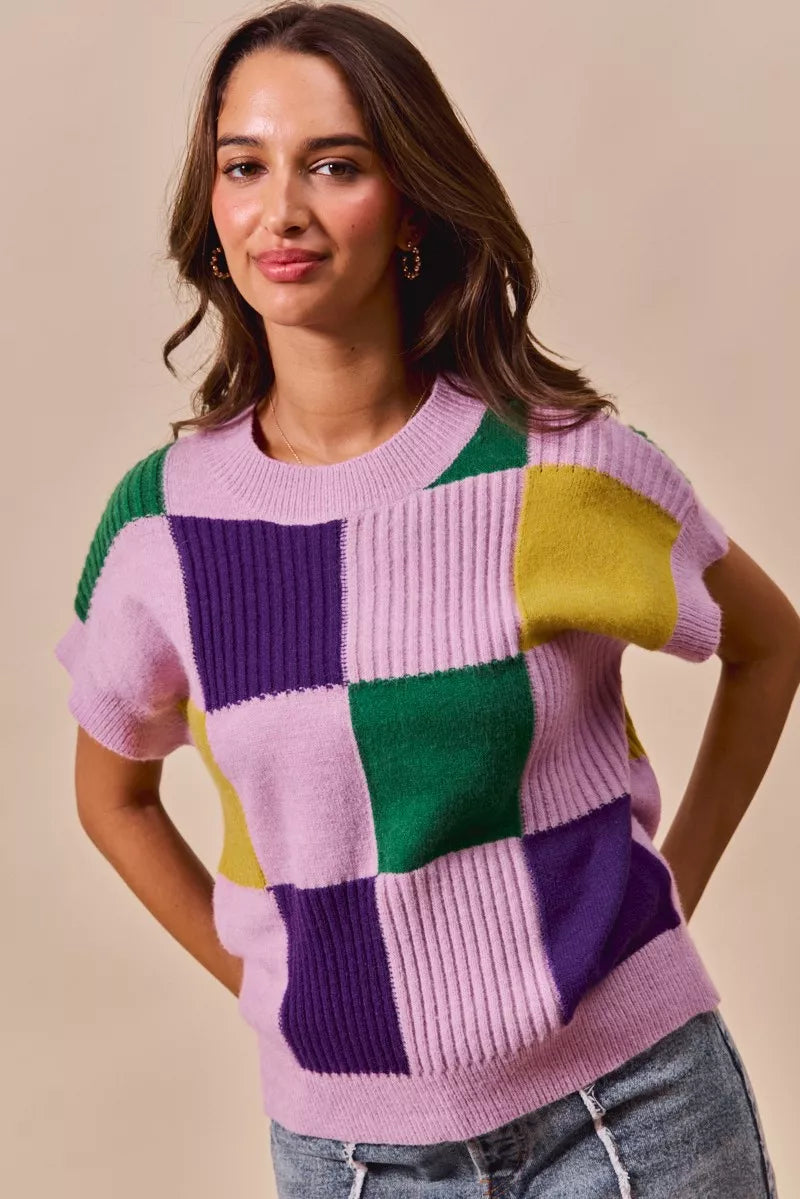 SO ME Casual Sweater Top Women Mardi Gras Check Plaid Short Sleeve Top LAVENDER ad897d16883048b6a6097e0a8bf3003f-Max-Origin Trendsi