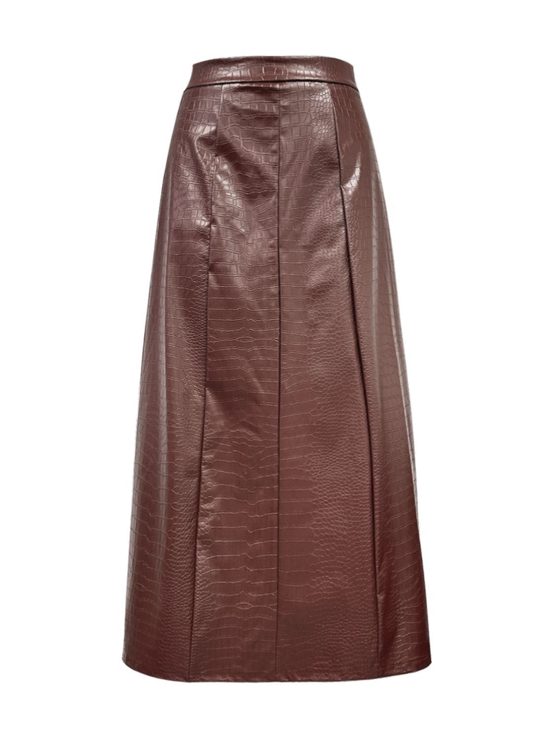 Midi Skirt Faux Leather Croco Pattern High Waist Back Zipper Skirts