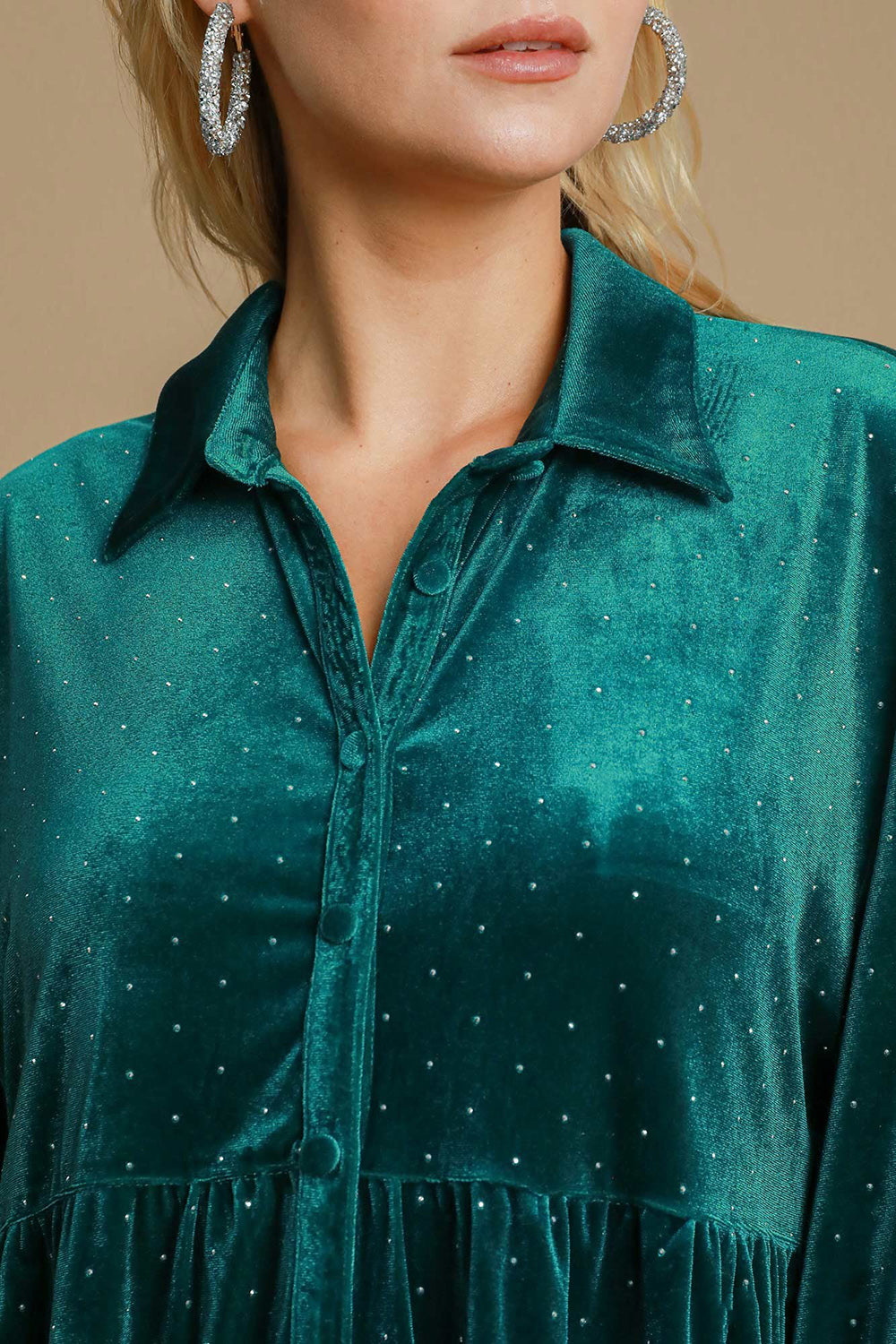 Umgee Women Shirt Polka Dot Teal Green Collared Neck Button Up Long Sleeve