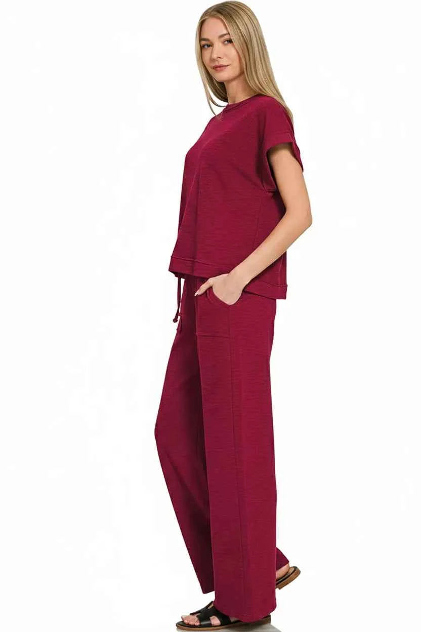 Zenana Cotton Slub Short Sleeve Tee and Pants Set