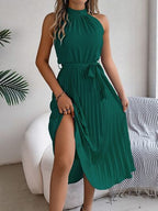 Pleated Midi Dress Grecian Neck Tie Waist Belted Halter Sleeveless adb5b700-c77e-4afd-b054-62c97e178918-Min Trendsi