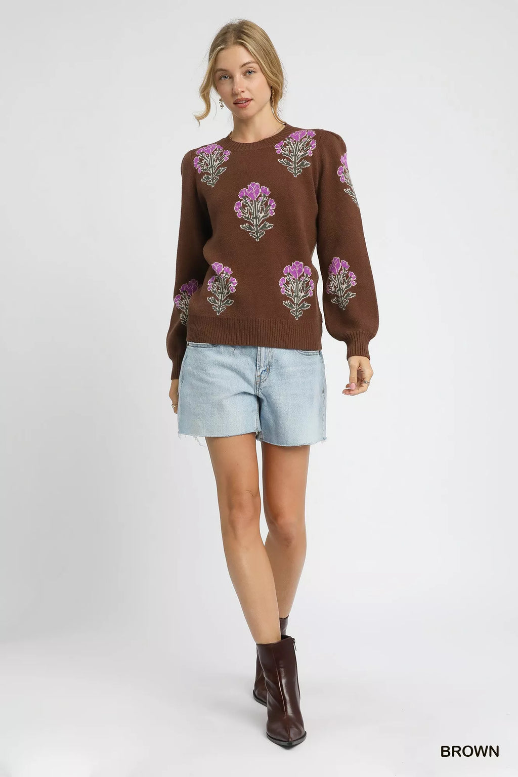 Umgee Womens Sweater Brown Jacquard Single Flower Stem Knit Pullover adb723ff-3496-4b89-8a2b-c4e4e6fa968d-Max-Origin Trendsi