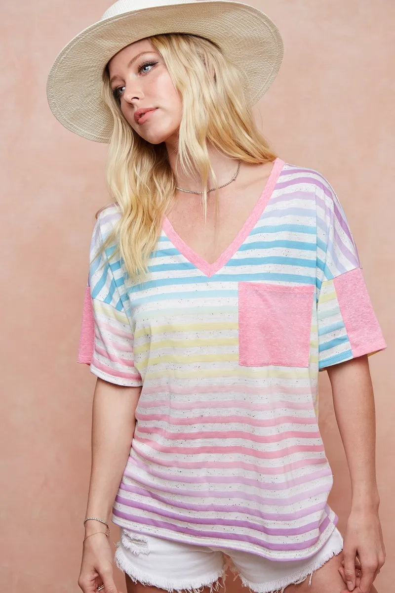 BiBi Cotton T-shirt Rainbow Stripe Printed Triblend Knit Short Sleeve Top adb90f4c3f174794baa117eda7153349-Max-Origin Trendsi
