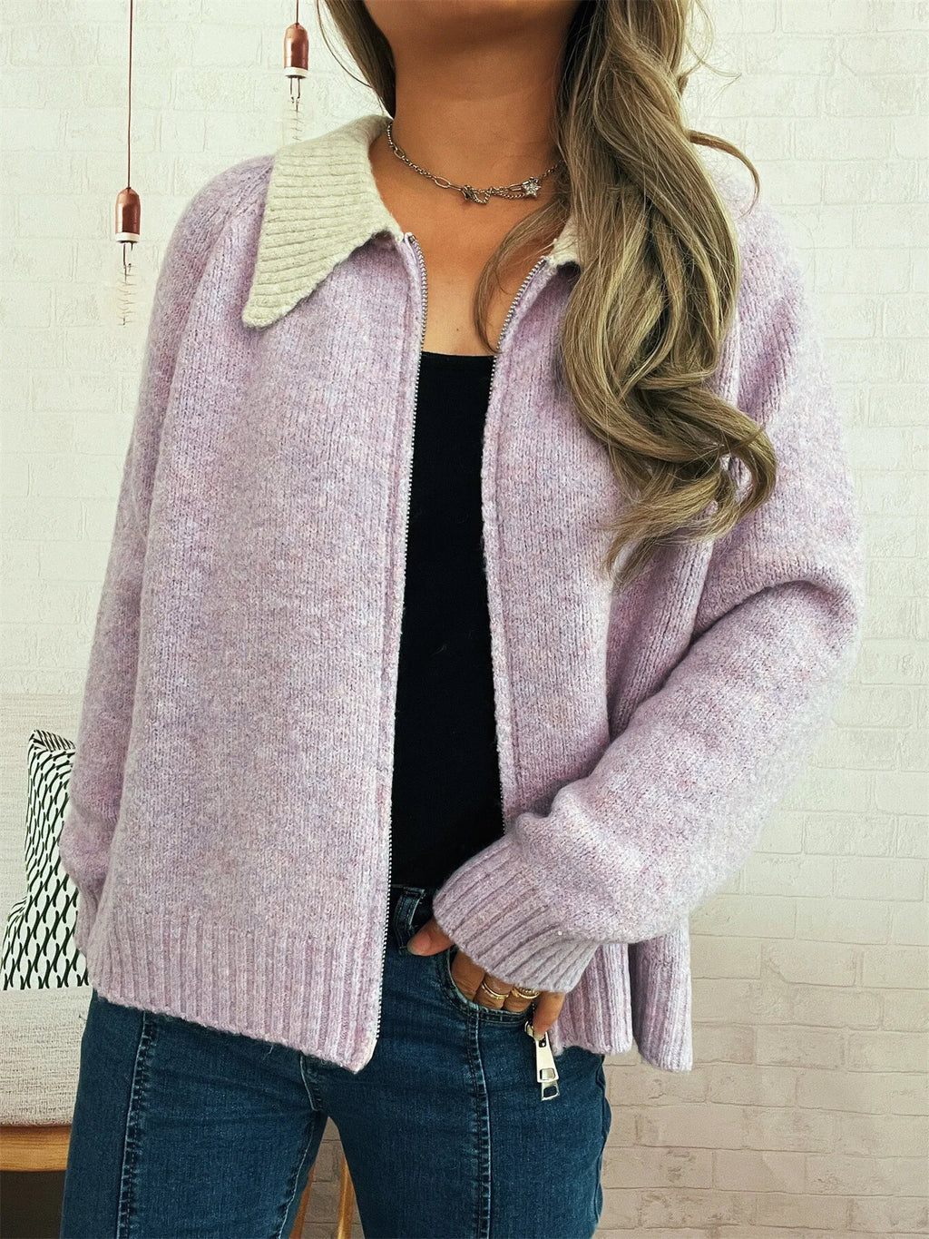 Women's Cardigan Zip-Up Contrast Collar Soft Acrylic Knit Sweater Purple One Size adbd1cce367c41f6bf65e4cb66914615-Max-Origin Trendsi