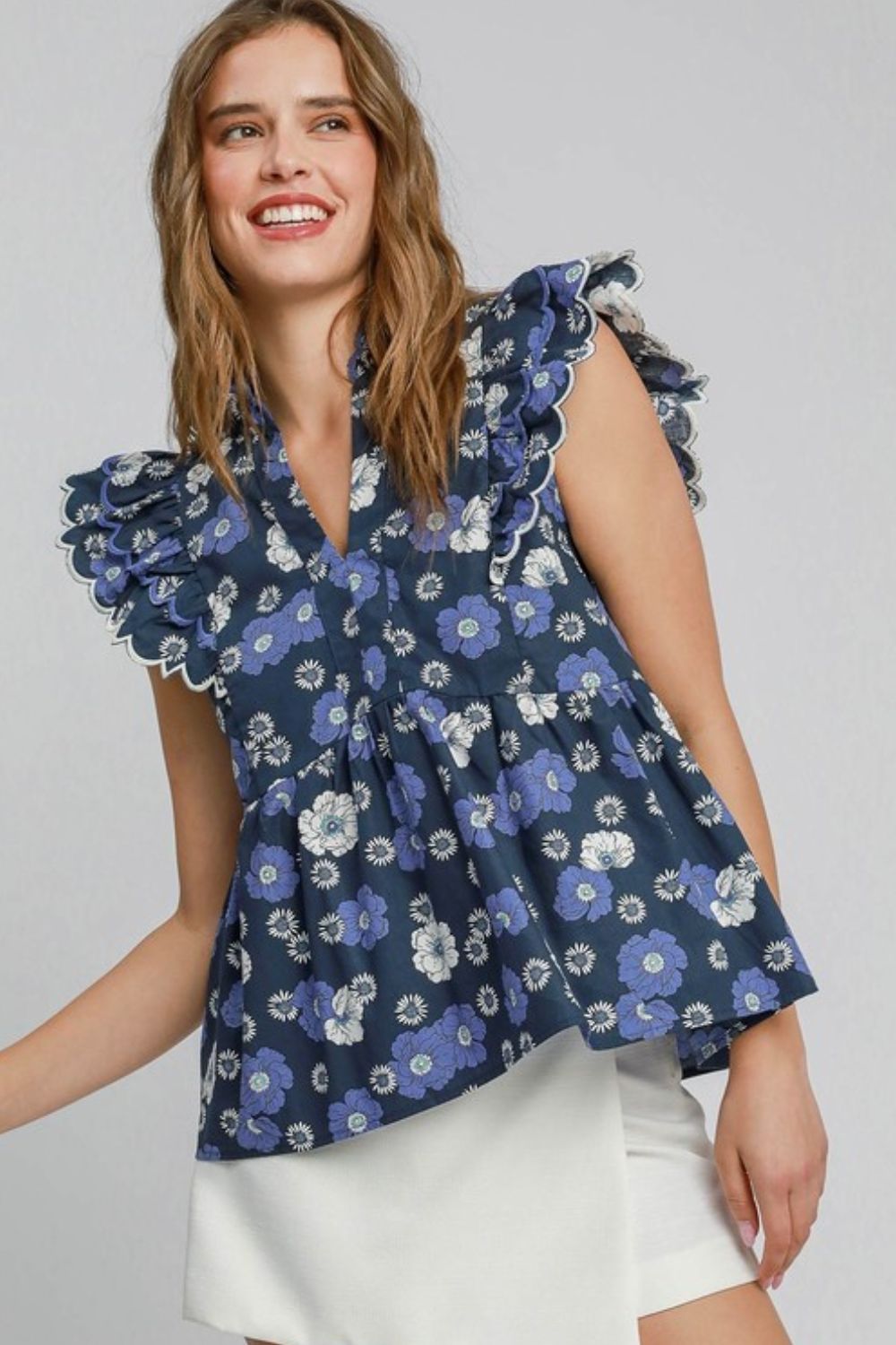 Umgee Babydoll Top Floral Navy Mix Print Peplum Short Sleeve Blouse NAVY MIX adbe66cf-fba5-4a9a-846f-69cc78b52d71-Max Trendsi
