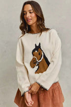 SO ME Horse Sweater Top Ivory Knit with Blanket Stitch Long Sleeve adbfd2e4b6d841838dba535b959cafc7-Max-Origin Trendsi