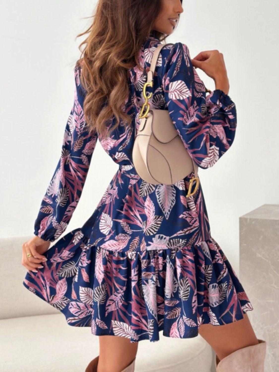 Floral Dress Ruffle Hem Long Sleeve Shirt Dress Belted