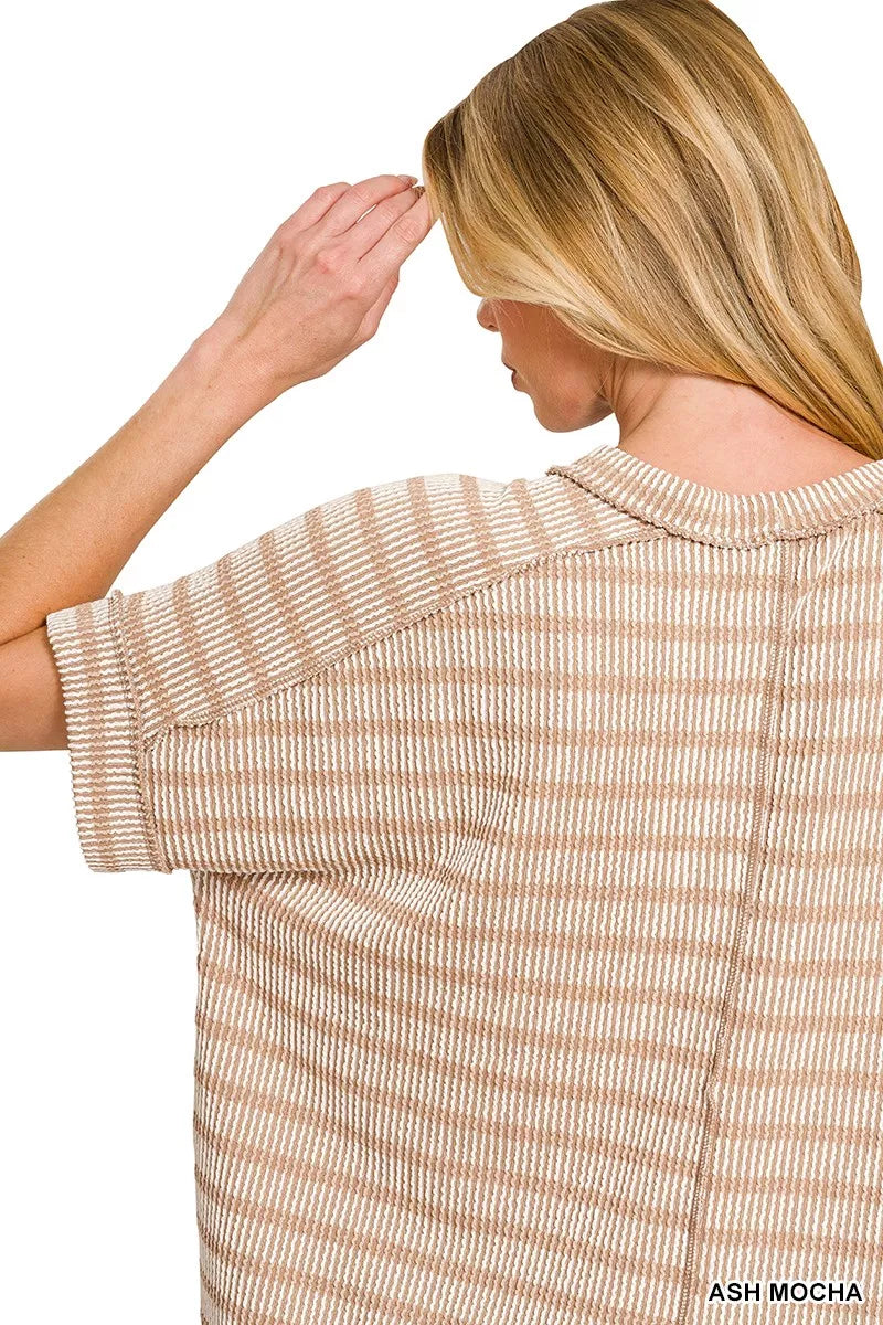 Zenana T-shirt Ash Mocha Raised Rib Striped Exposed Seam Top adda976dce654a81b757d747cdd331e4-Max-Origin Trendsi