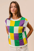BiBi Womens Sweater Knit Top Mardi Gras Checker Pattern Sleeveless addb71c0e82843e0a6b47cbf64f190b6-Max-Origin Trendsi