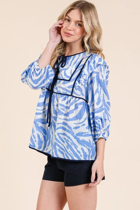Lime 'N' Chili Blouse Blue Graphic Print Solid Trim Quarter Sleeve Tiered addefe978c9f426d818c4a18fc6ffb23-Max-Origin Trendsi