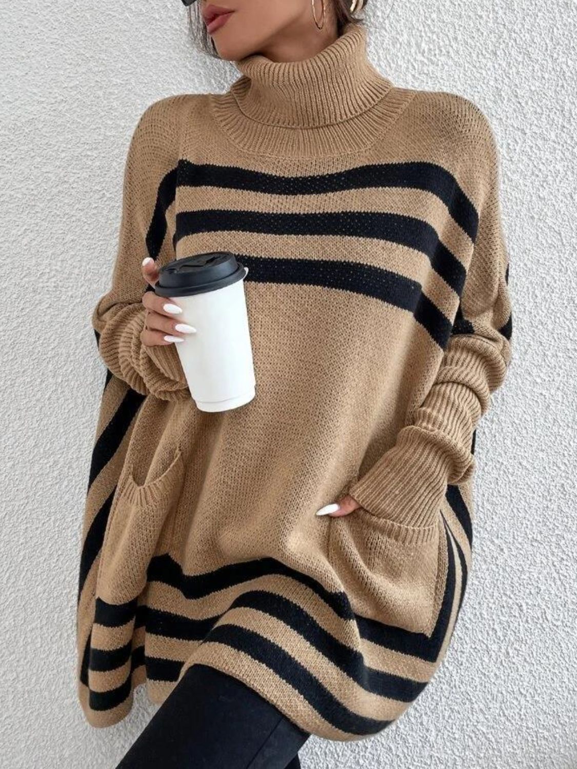 Women Sweater Striped Turtleneck Batwing Long Sleeve with Pockets Oversize addf7114-33b9-4e3f-b81d-c820c7c1eb68-Max Trendsi