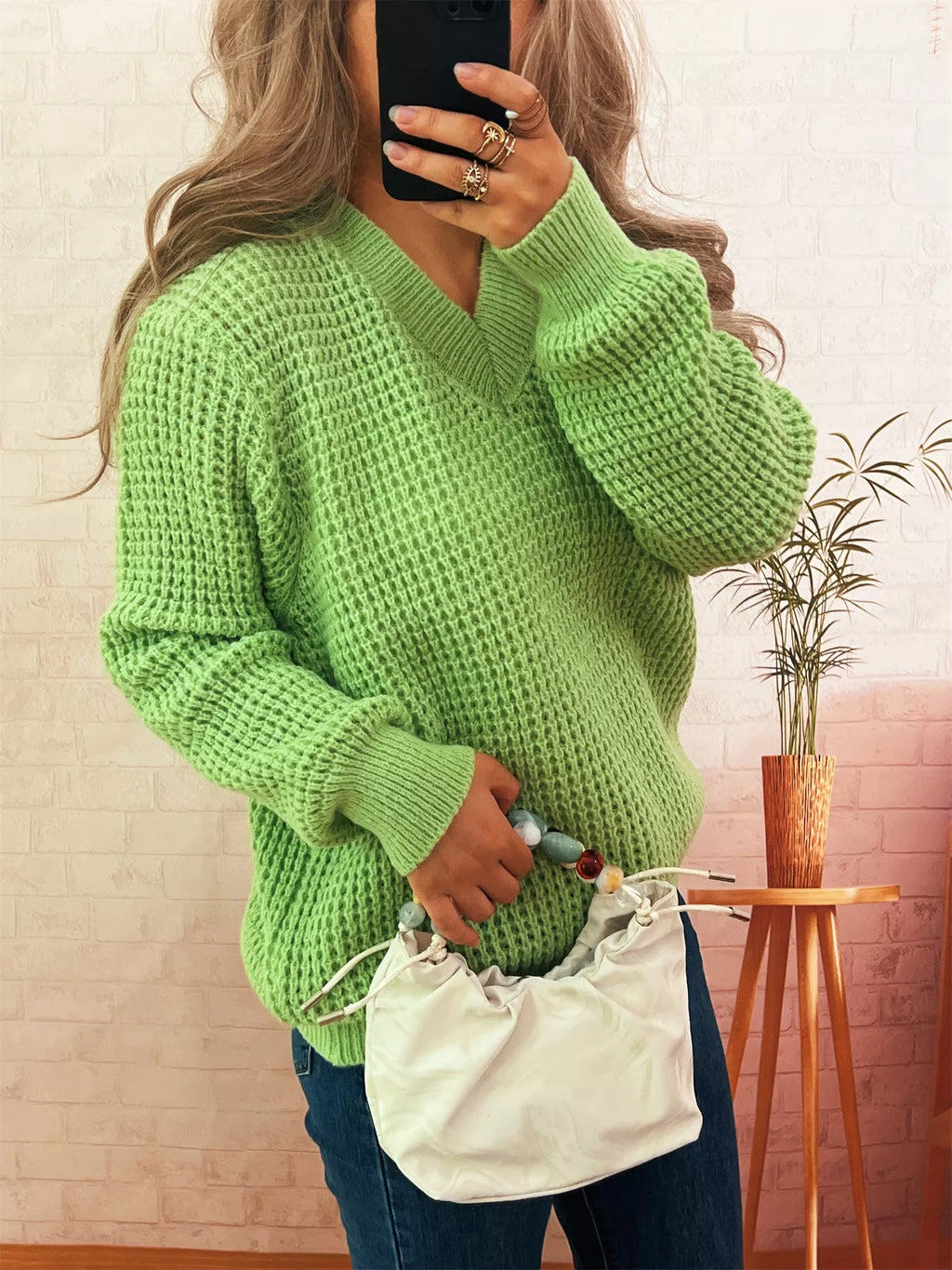 Women's Sweater V-Neck Textured Knit Loose Pullover adec712081a042a780d7984647593dfe-Max-Origin Trendsi