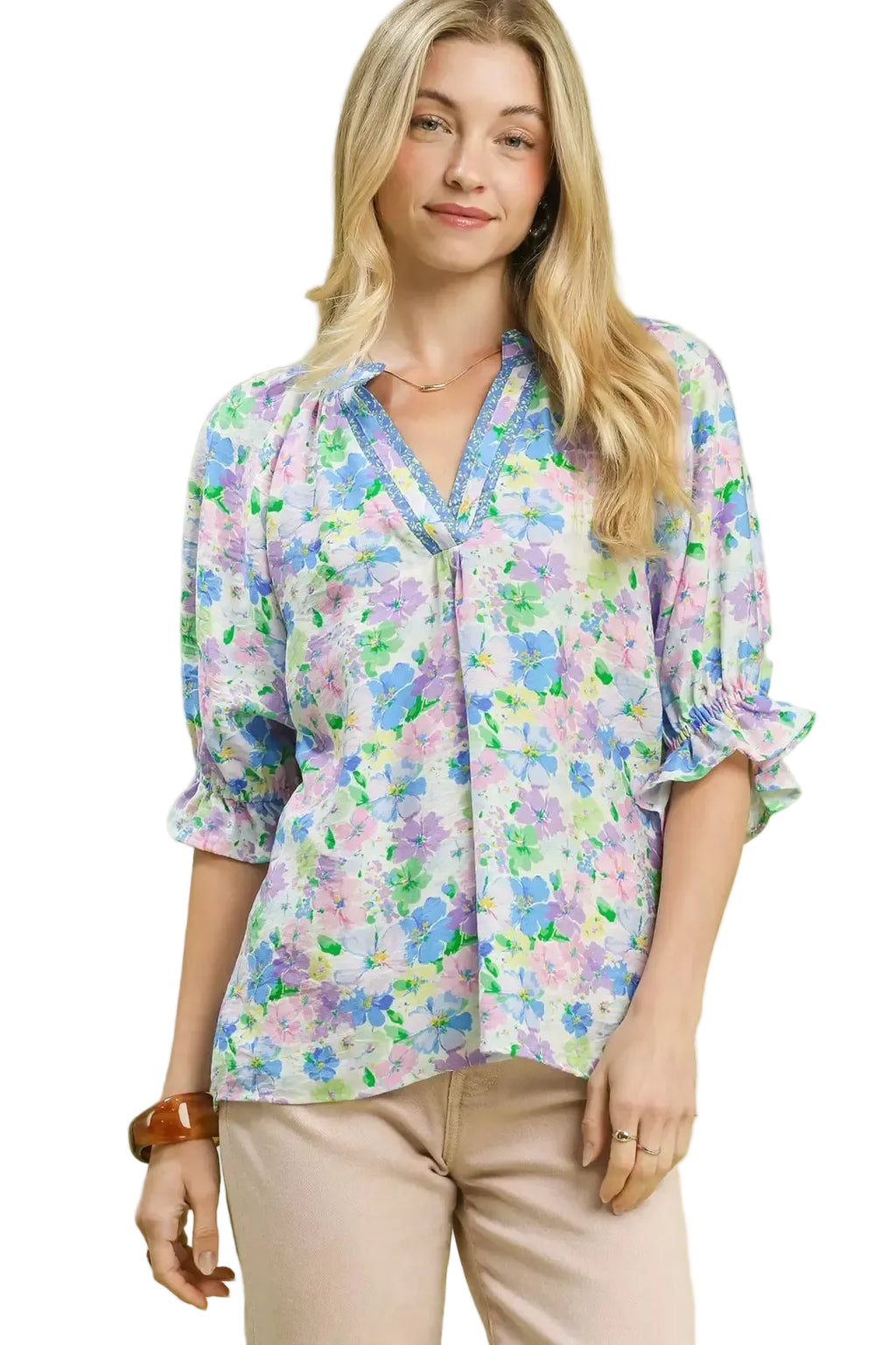 Umgee Mixed Floral Print Ruffle Top