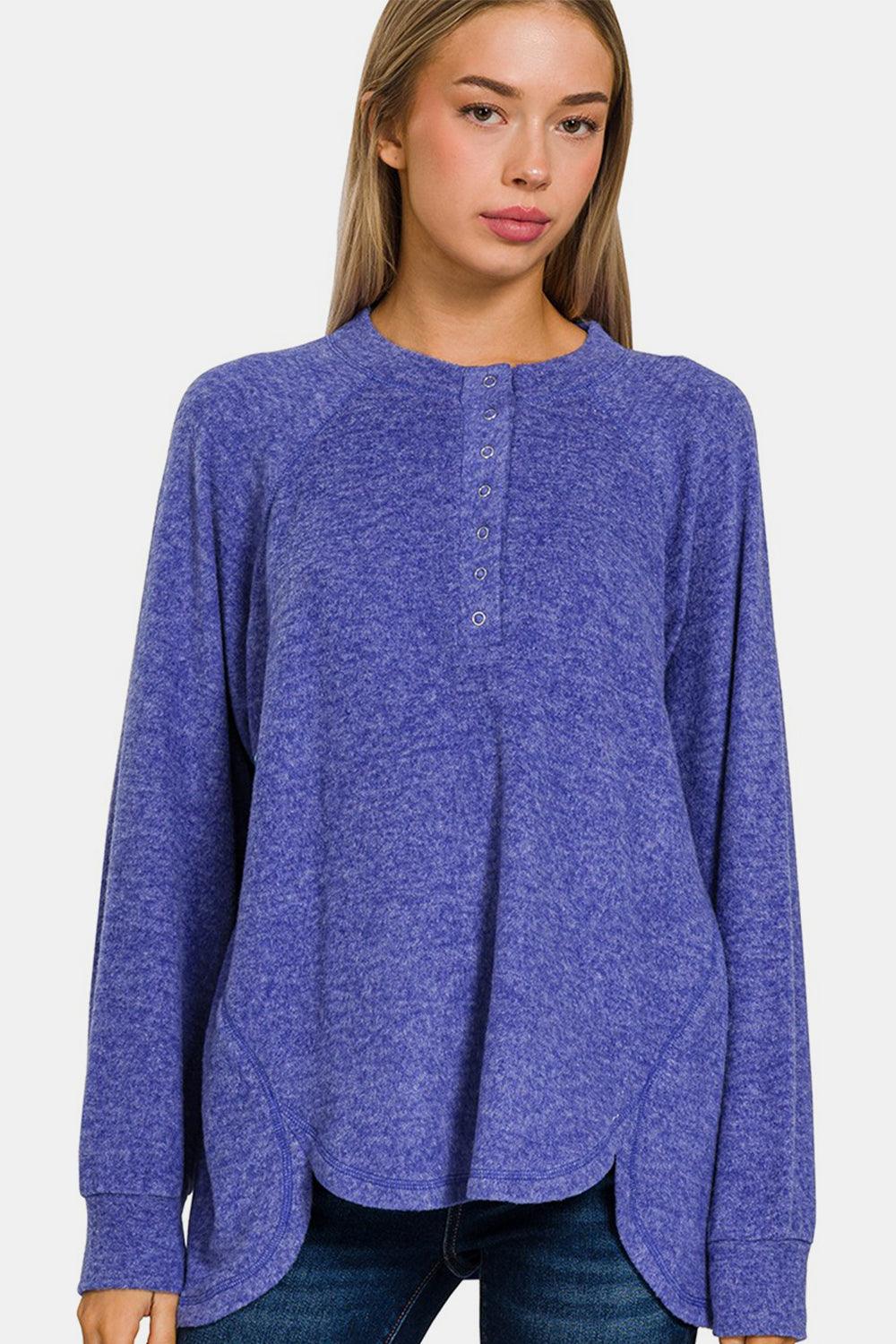 Zenana Sweater Women Blue Melange Brushed Hacci Basic Pullover