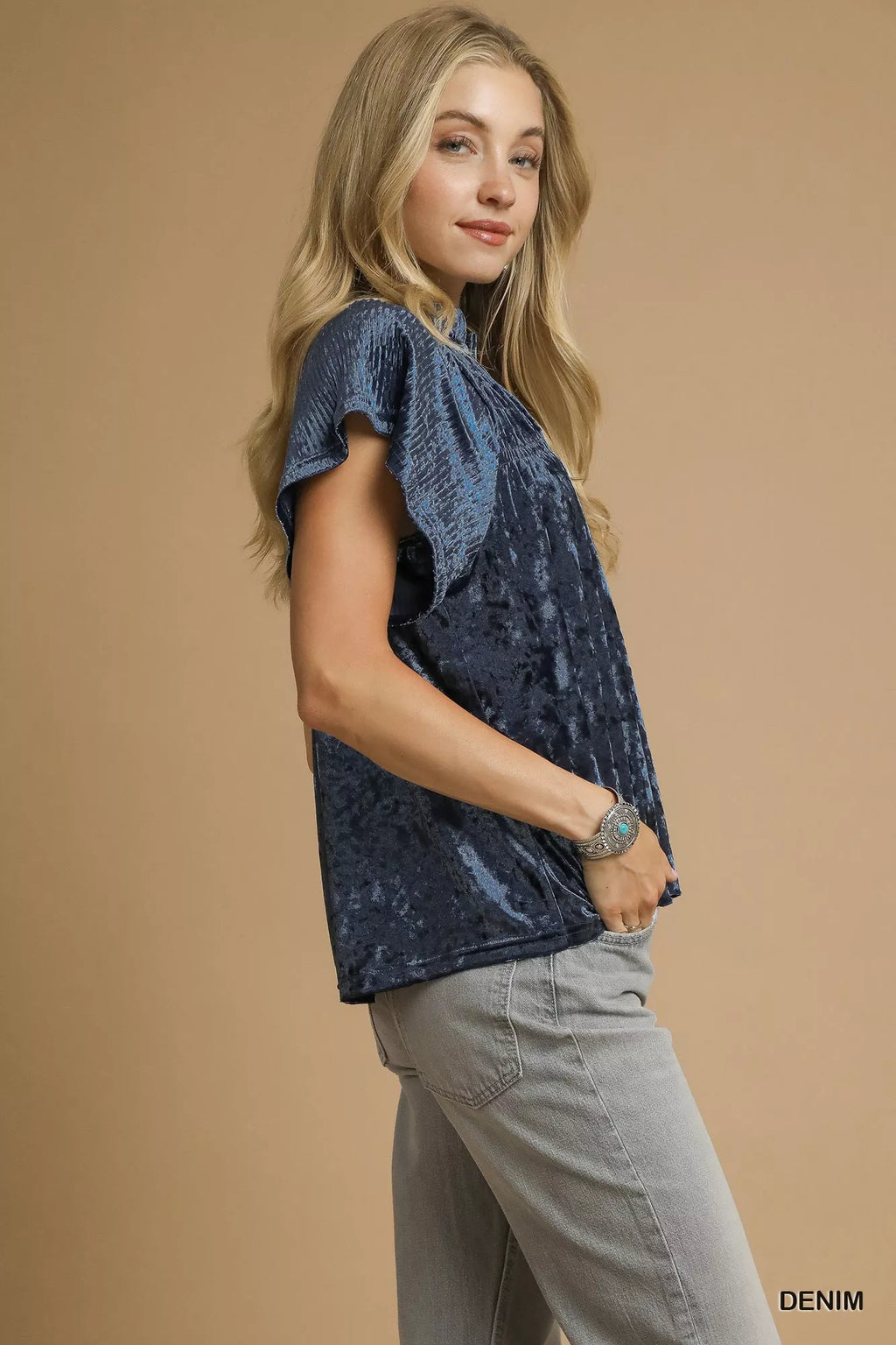 Umgee Women's Blouse Velvet Pleated Denim Blue Crushed Short Sleeve Top adf072e9-08d4-41a9-b09c-f0b51efc91ee-Max-Origin Trendsi