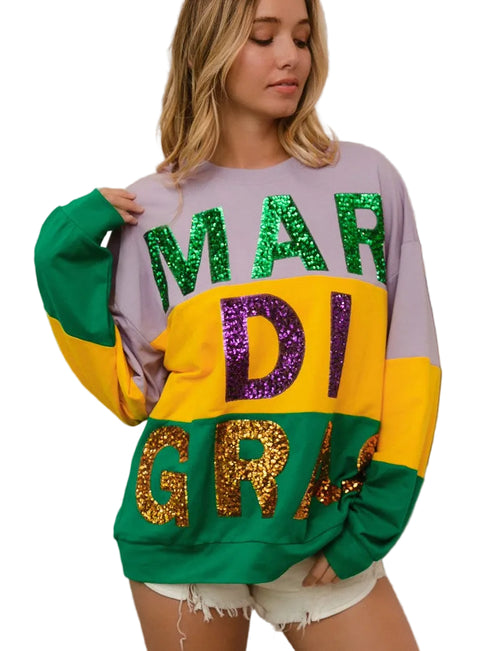 BiBi Sequin Mardi Gras Lettering Color Block Sweatshirt