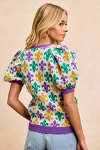 BiBi Women V Neck Knit Top Mardi Gras Fleur De Lis Patterned Short Sleeve ae03cceea1e64c5c8fd905da0710af3d-Max-Origin Trendsi