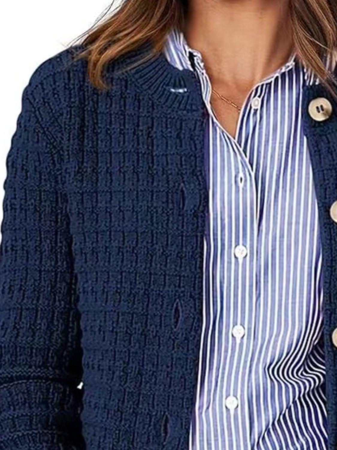 Button Up Cardigan Textured Round Neck Long Sleeve Single Breasted ae0c3f7a-74ee-4357-8a41-0d3a7a97e7a2-Max Trendsi