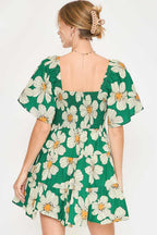 Umgee Mini Dress Daisy Green Print with Ribbon Details Ruffle Short Sleeve ae0d3c32-bd56-4157-b266-c8aa3aaddd03-Max Trendsi