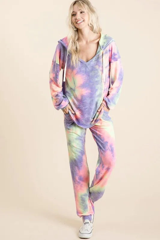 BiBi Activewear Set Tie Dye Hoodie Long Sleeve French Terry Top and Sweatpants
